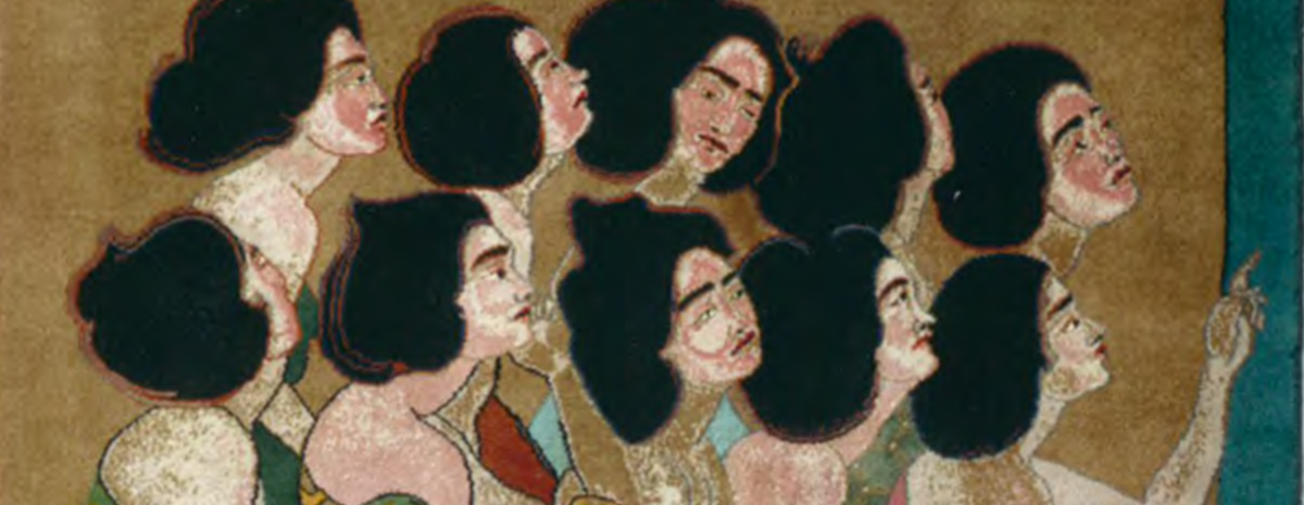 Two rows of five women each, all with black hair seen in profile.
